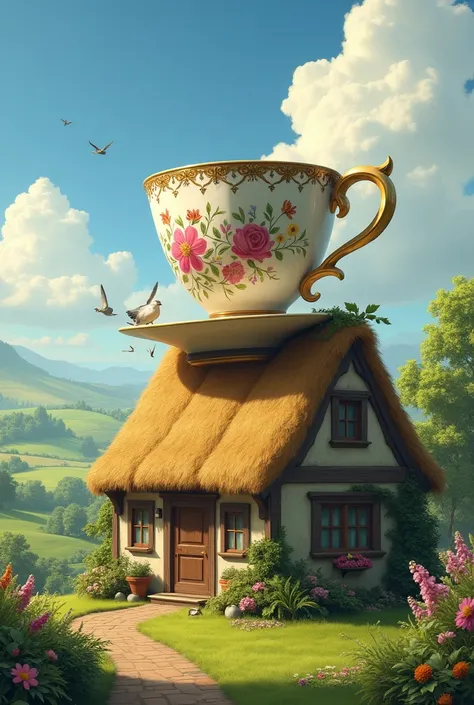 A large tea cup on the roof of the cortage name chiya cuti