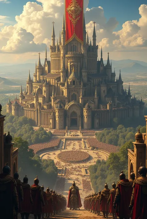 Generate an invincible, rich, indestructible, unmatched, huge, medieval-themed, jeweled kingdom with an extremely huge, unbeatable, unmatched giant army with a flag written GEM 