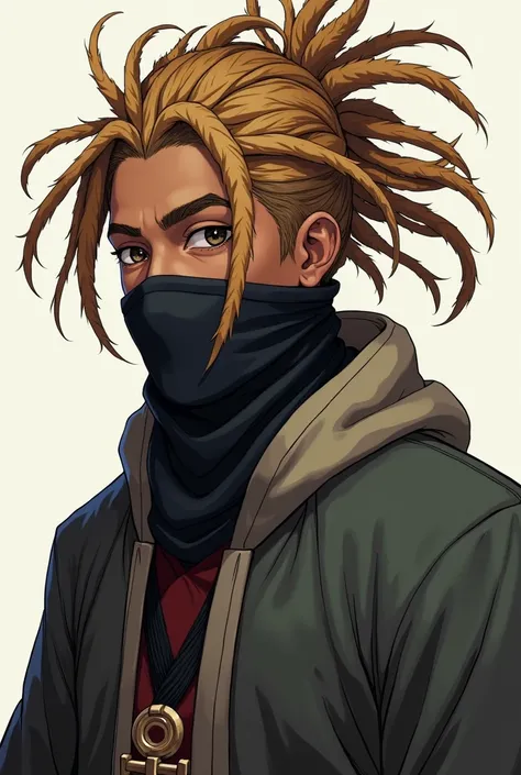 Anime man with dreadlocks and light brown colour  black hair and wearing a mask with a kanzu dressing