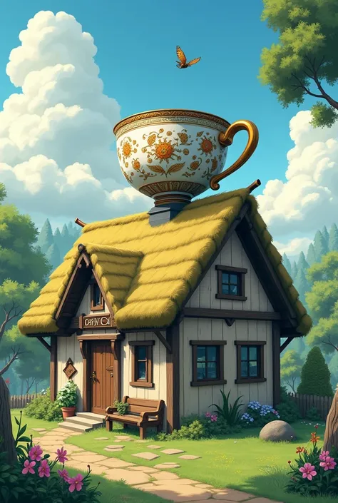 A large tea cup on the roof of the  one side cortage name chiya cuti