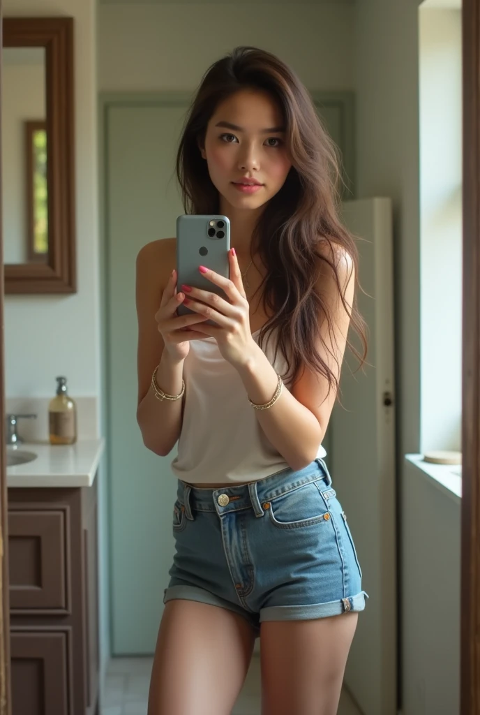 Realistic girl in short shorts taking a selfie in the mirror 