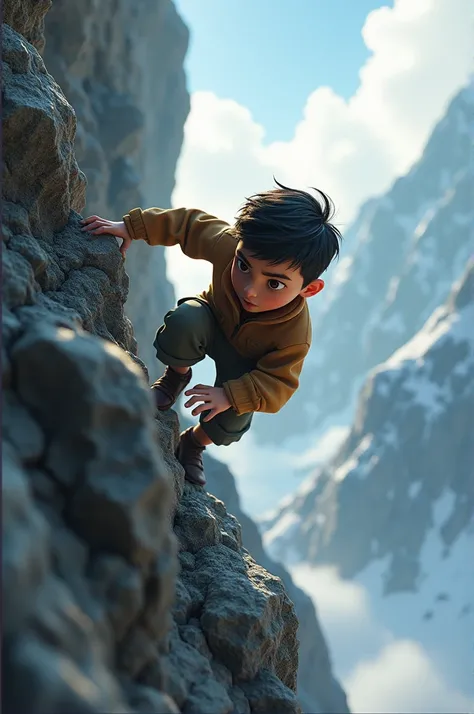 **Facing Obstacles on the Mountain**: Ali small boyencounters obstacles on his climb—a steep rock face, strong winds, and jagged stones. Despite these challenges, he carefully maneuvers, using his hands and feet to find secure grips, showing his perseveran...