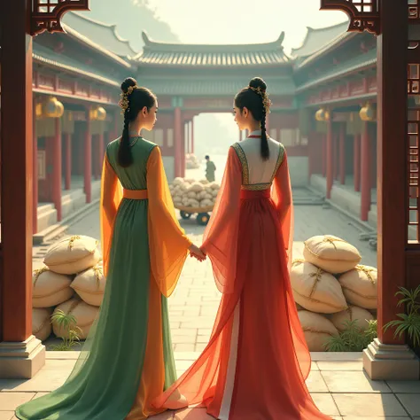 A picture of real people in ancient China, from the Tang Dynasty, wearing Hanfu costumes. Two young women, an elder sister wearing green and orange dresses, a younger sister wearing red and white dresses, stand on a second floor on the edge of a balcony, l...