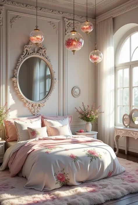 {cinematic scene, 4K ultra-realistic rendering} A circular, supernatural fairy-inspired bedroom, with a magical and ethereal atmosphere. The room features a large, round bed covered in luxurious white and pastel floral bedding, surrounded by soft pillows i...