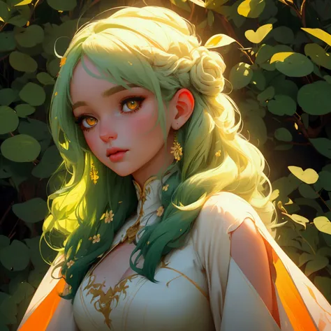 envision a 8k, highres, cinematic, close up beautiful portrait of a soft curvy girl named ceres fauna with long green hair, oran...