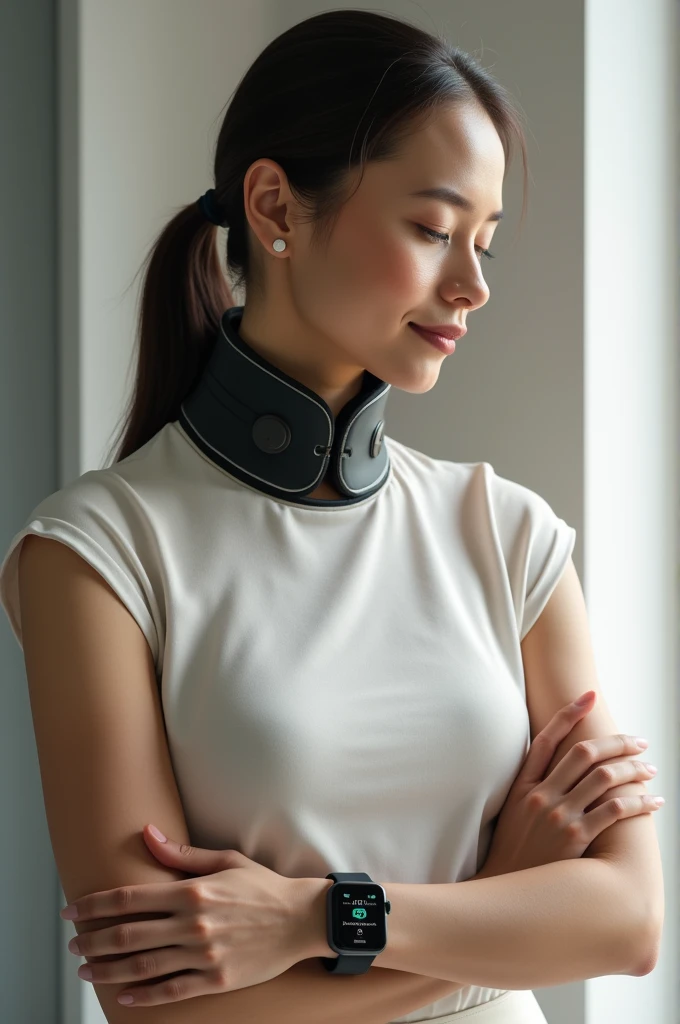 Woman wearing posture correction collar with app on watch 