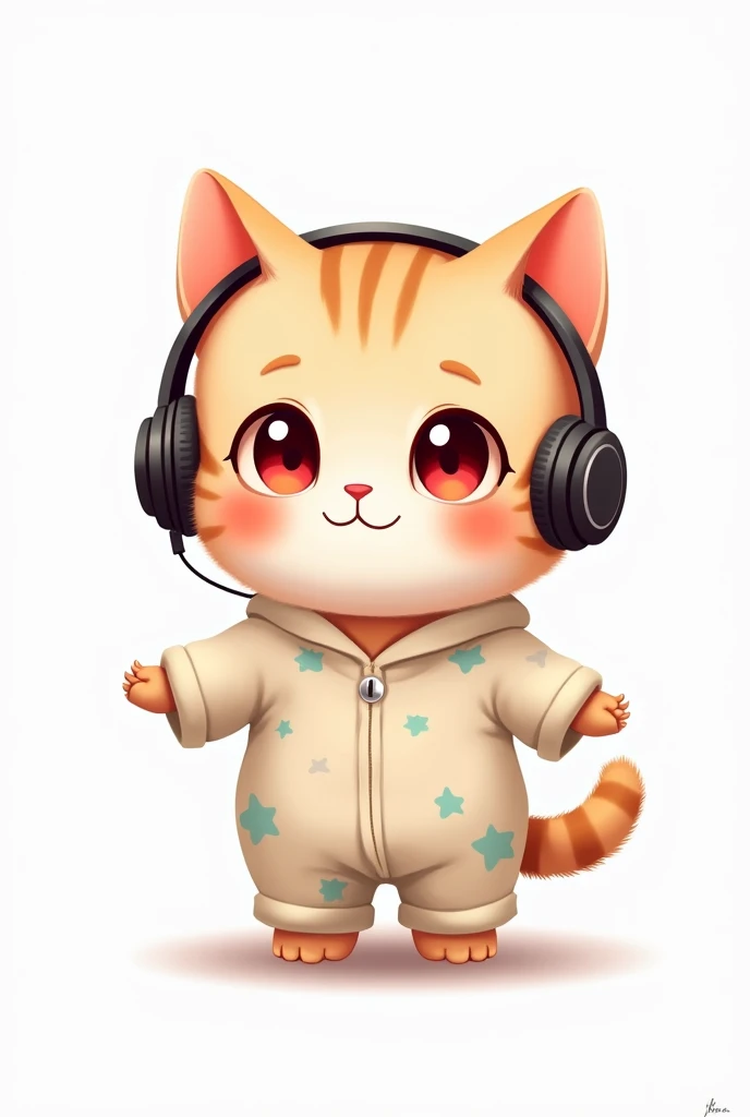 Baby Cat Drawing (with pajamas) (earphone) (child) (white background) (Eyes red)