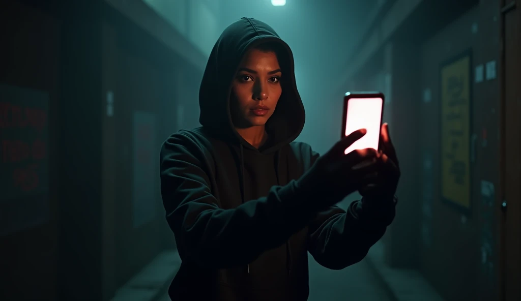 A Brazilian woman with a black Nike hoodie and gloves, in a very dark place, taking selfie with cell phone