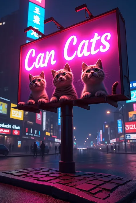 Neon billboard with the title "Can Cats" 