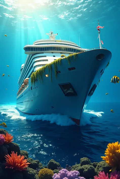 Cruise ship in good condition within the ocean with details of algae and marine life attached to it