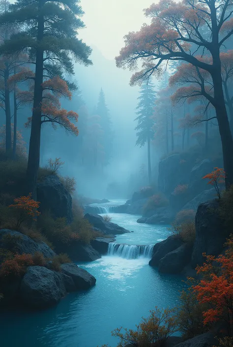 Analog style,ChromaV5,nvinkpunk,(extremely detailed CG unity 8k wallpaper),An image of a majestic river, trees on the sides, tiny waterfall, intense fog ,award winning photography, Chromatic Aberration, Detailed , HDR, Bloom, style by Monet, Pissarro, and ...