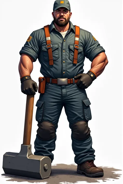 Logo of a full-body operator with his arm resting on a sledgehammer, stark, with the cap