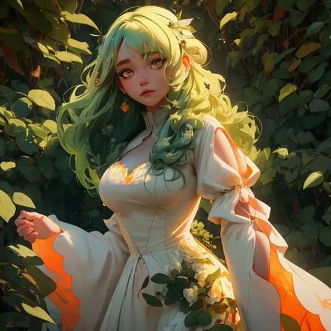 envision a 8k, highres, cinematic, close up beautiful portrait of a soft curvy girl named ceres fauna with long green hair, oran...