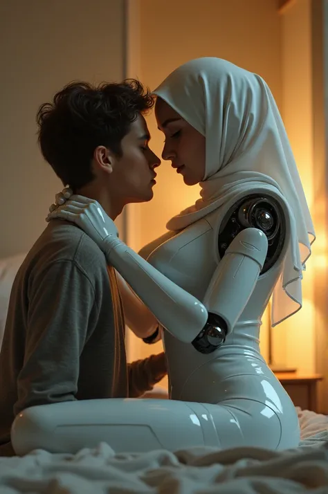 female robot wearing hijab, big breasts, white body, robot arm, playing with teenage boy on the bedroom and wearing glove latex