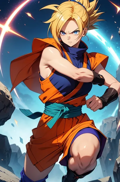 Visualize a gender-swapped Sanji from *One Piece* reimagined as a powerful female warrior styled after Goku from *Dragon Ball*. Her blonde hair is now spiked upwards, mimicking Gokus iconic hairstyle, yet maintaining a touch of Sanji’s refined style. Her b...