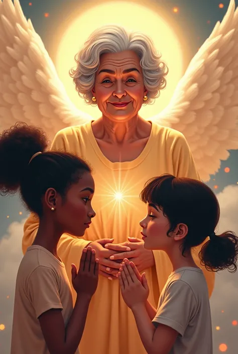 Create a 2D image of a chubby old granny with black power hair, an elderly woman with wrinkles on her face who became an angel behind her 1 granddaughter emanating good, positive and colorful energies and her black granddaughter with black power hair sayin...