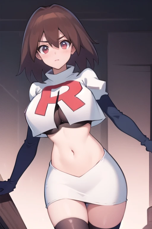 masterpiece, best quality,   makurada junko, looking at viewer, large breasts, cowboy shot, team rocket,team rocket uniform,white skirt,red letter R,crop top,black thigh-highs,black elbow gloves