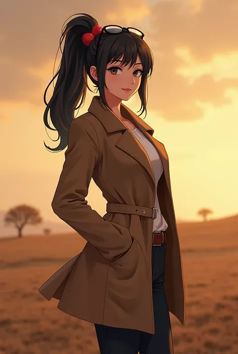 A girl in a brown trench coat stands alone in a cowboy shot. She is Sonia, with a lovely smile and she looks directly at the viewer. She appears confident with her hand on her hip. Her hair is styled in a side ponytail, adorned with a heart-shaped hair orn...