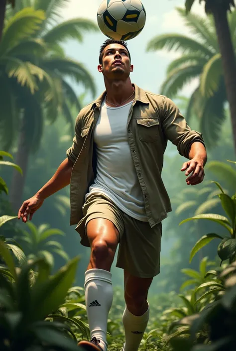 Cristiano Ronaldo;dans la jungle;porte un t-shirt blanc et une chemise kaki;une culot et jongle un ballon rattrape le ballon 