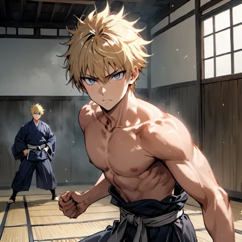 1boy, masculine , blond hair, fighter, shirtless, fushiguro toji clothes, dojo , looking at the viewer