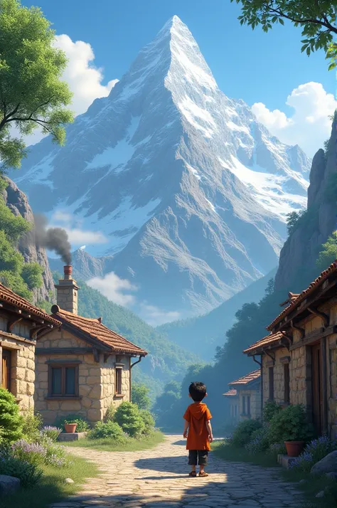 
1. **Mountain Village with a Dreaming Boy**: A peaceful mountain village with traditional stone houses. A small boy named Ali is gazing up at a towering mountain nearby, his eyes filled with determination and wonder.3d animate