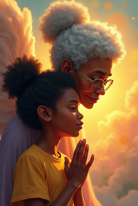 Create a 2D image of a chubby old granny with black power hair, an elderly woman with wrinkles on her face who became an angel behind her teenage granddaughter praying, emanating good, positive and colorful energies, and her black granddaughter with black ...