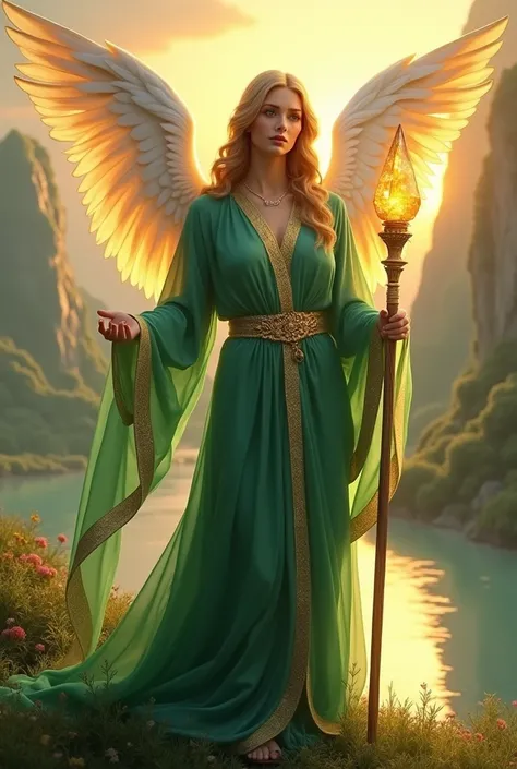 Envision Archangel Raphael, the healer of the heavens, depicted with a gentle and serene presence. He is dressed in flowing emerald green robes, symbolizing healing and renewal, with intricate gold details that catch the light. His wings are wide and soft,...