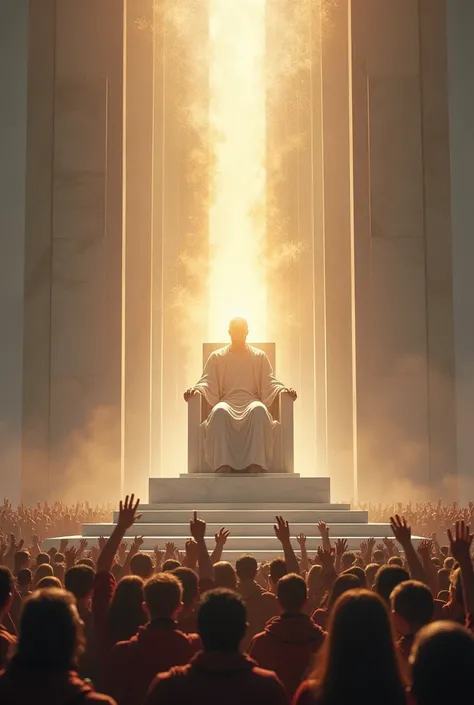 Great Throne White Marble Straight Man Seated Shining Head Below the throne thousands of people with arms raised many more people, more people Head of bright light radiant very strong Head light stronger Head of fire Bigger throne 

