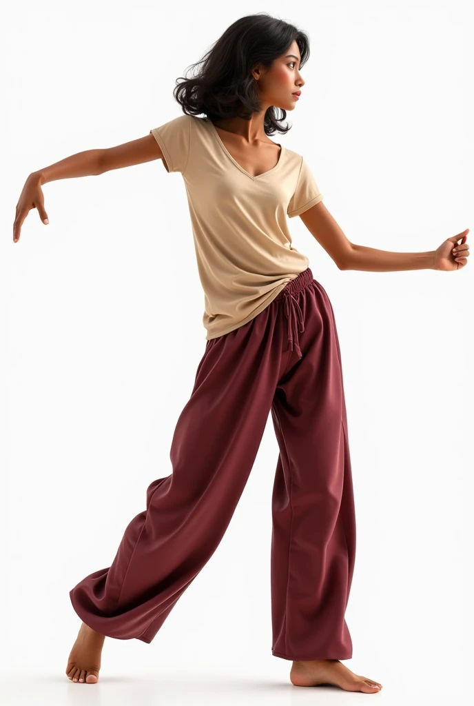 contemporary dance dancer, ballet and jazz, with PNG background, The woman has a light brown complexion, stomach 1.72, long limbs, big nose, medium lips, almond-shaped brown eyes, short hair at shoulder length and wavy, with contemporary clothing, loose wi...