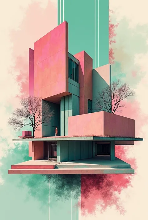 Architectural collage based on the Aronoff Center For design and Art, where deconstructivism and pastel pink, green and blue colors are noticeable. Let it be a dynamic composition where pieces of the composition are also fragmented and it looks like an arc...