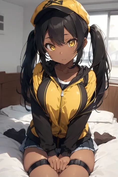 1 female, darker skin, black twin tail hair, yellow eyes, huge breast, legs, black jacket, yellow short short, black cap, sexy body, darkest home, in the bed