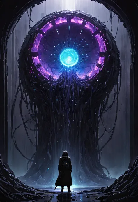  In the middle of the room, SCP-003 is a motherboard, an organic object of about 3 meters in diameter, made of black, tentacle-like material and slowly spreads. The center of the object shows a glowing, crystalline structure, which shimmers blue and purple...