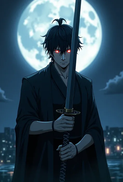 Man with black hair, whose eyes glow and a katana in the night in anime style, behind him the word Yunosteri