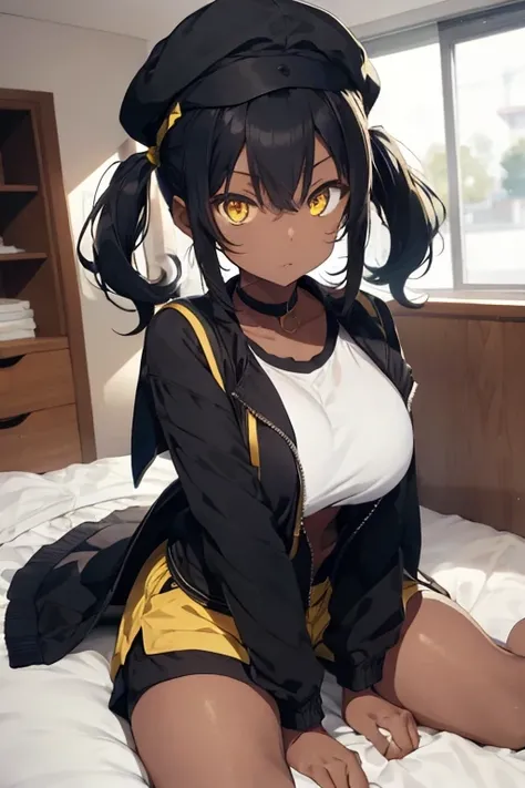 1 female, darker skin, black twin tail hair, yellow eyes, huge breast, legs, black jacket, yellow short short, black cap, sexy body, darkest home, in the bed