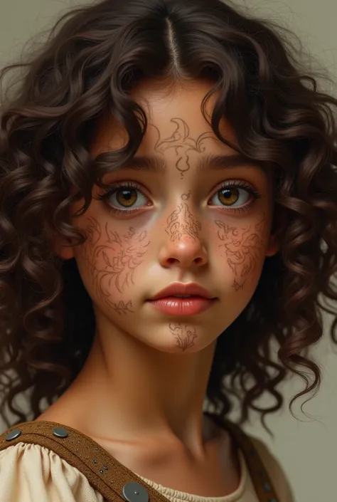 A curly haired brown girl,roman nose,and with macadamized lines,with a round brown face