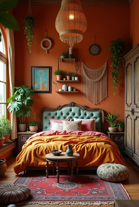 {cinematic scene, 4K ultra-realistic rendering with a hippy-inspired style} A vibrant, bohemian bedroom brimming with stylish, hippy-inspired details. The bed, positioned centrally, is covered with layers of colorful, patterned fabrics in rich, warm tones ...