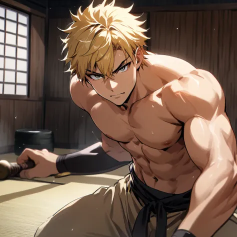 1boy, masculine , blond hair, fighter, shirtless, dojo , looking at the viewer