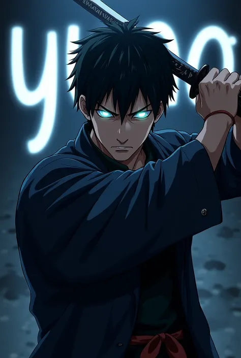 Man with black hair, who looks serious, whose eyes glow and a katana in the night in anime style, behind him the word “Yuno”