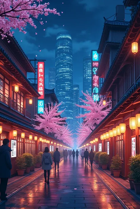 A night in an illuminated city in Japan. 
