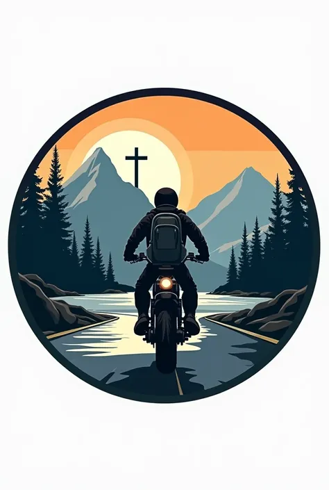 Circular logo of a biker riding a motorcycle from behind with a camping backpack on a road with a lake and a mountain with a cross in the distance and small trees
