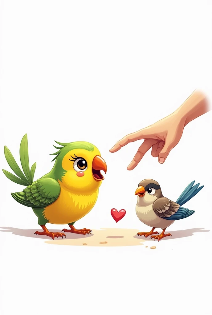 A cartoon parakeet with a sparrow and a hand making the L.
white background 