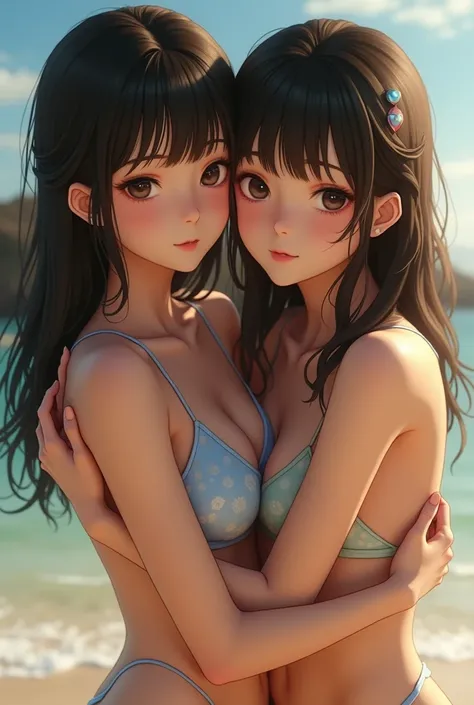 A Japanese woman who resembles Kanna Hashimoto in a swimsuit、Identical twin sisters, , bangs, Half crying face, Hug from behind。Accurate anatomy、(8k、uhd、Live Shooting、Highest quality、masterpiece:1.2)、Super detailed、Super Resolution、(Hyper Reality、)Super de...