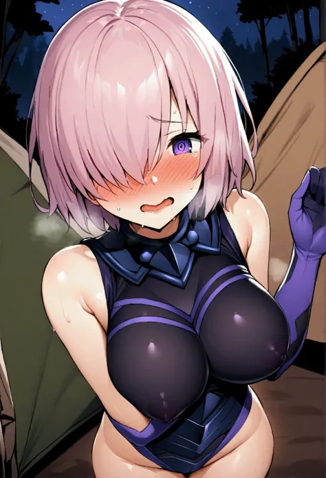 NSFW,masterpiece,Highest quality,High resolution,Very detailed,Mash Kyrielight(Fate/grandorder),short hair、Purple Eyes、Pink Hair、Hair covering one eye,gloves、Shoulder Bare,leotard,In the forest at night,tent,camp,Embarrassed,blush