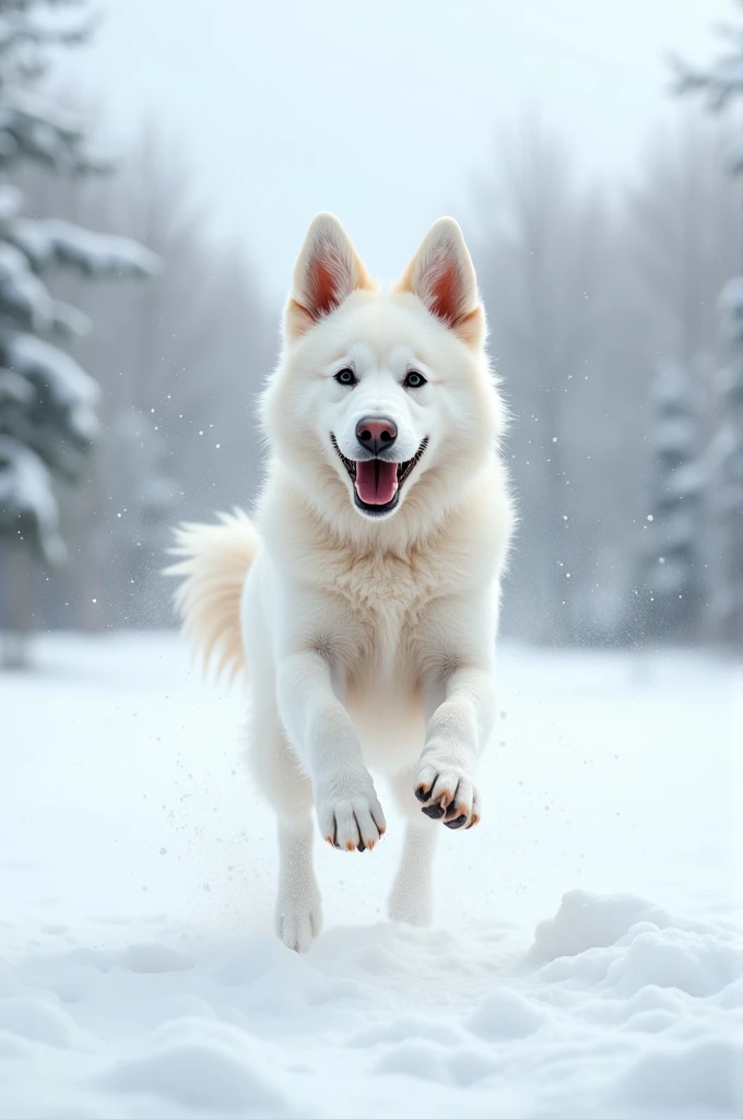 White dog jumps out of the snow and turns brown.