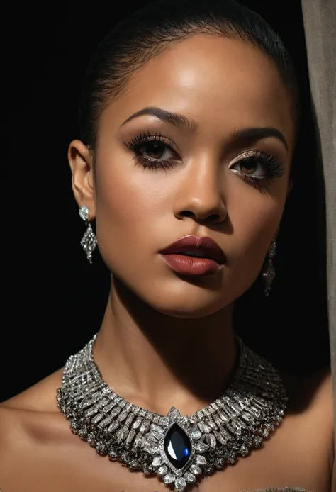 A photorealistic full body shot of Skin Diamond, beautiful detailed eyes, beautiful detailed lips, extremely detailed face and skin, long eyelashes, elegant expression, perfect skin texture, intricate jewelry, dark moody lighting, cinematic composition, dr...