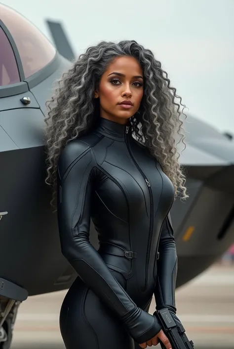 A beautiful youthful looking Filipino version of Ariana Grande as a 50 years old woman with long curly compl etely gray hair as the superhero Daisy Johnson from A gents of S.H.I.E.L.D wearing a Daisy Johnson outfit leaning on a f 35 holding a gun in her ha...