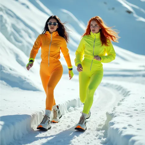 Two hot 30 years girls in icy, on snow driving on snow tracks, wearing just tiny neon clothes one burnnette hair, second light ginger hair