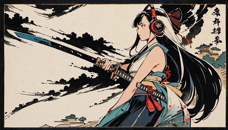 Ink Painting, (((1 girl))), (((samurai))), (((Japanese sword))), Japanese style headphones, beautiful girl, Black Hair, Delicate and precise, Modern ukiyo-e style, vivid color