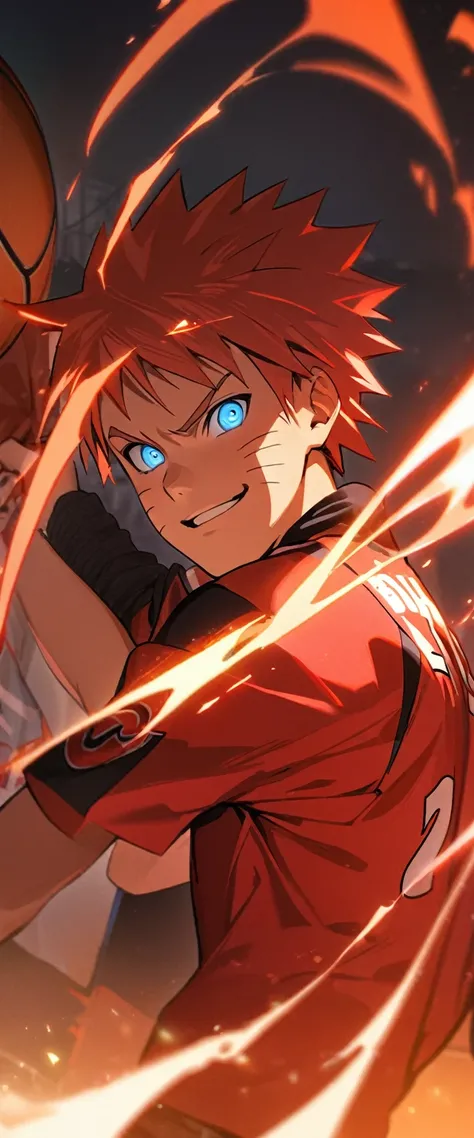 1boy, male focus, uzumaki naruto (naruto), bulls jersey, red jersey, medium shot, blue eyes, glowing, glowing eyes, jersey, basketball player, solo, smile, red hair, , (masterpiece), best quality, aesthetic, perfect face