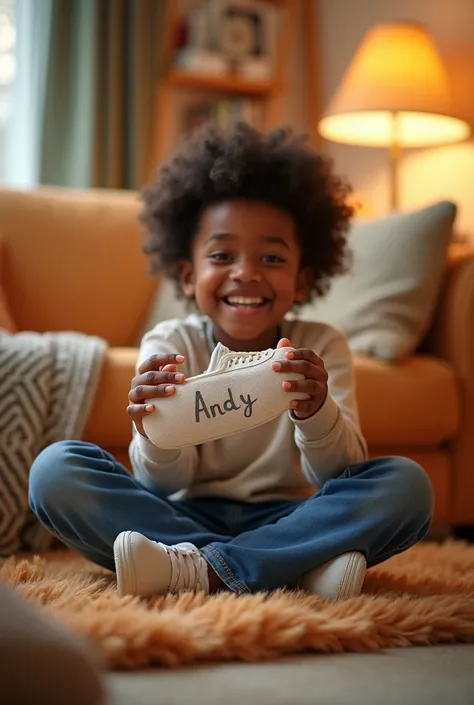 Create 1 photo of a happy child sitting on the couch holding his sneaker in his hand showing the sole where it says Andy